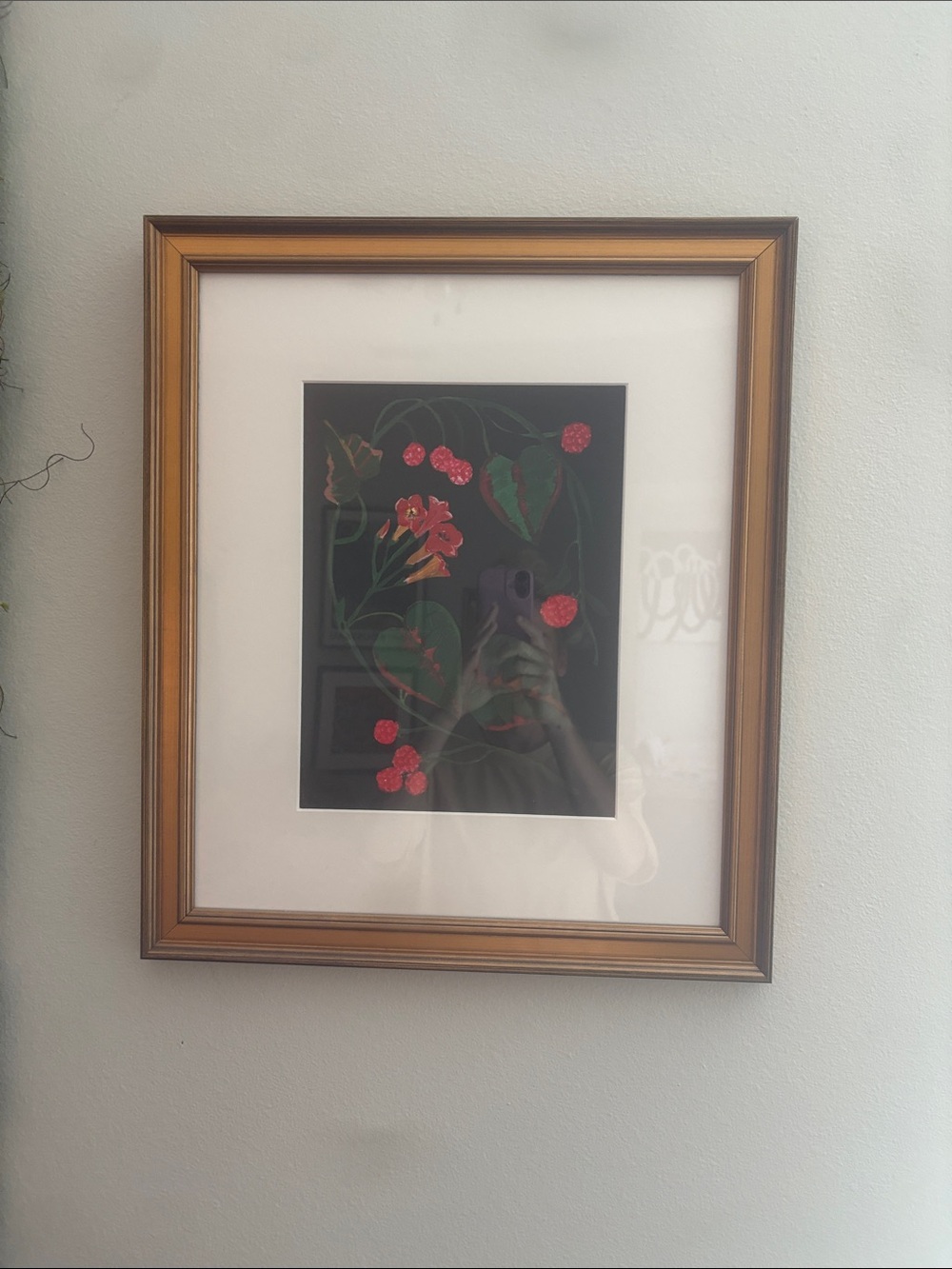 Gold Framed Botanical Art Print with Red Floral Design